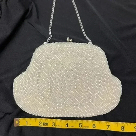 Pearl Beaded Clutch Vintage Made In Japan Formal Ivory Retro Classic Chain Strap - Picture 8 of 10